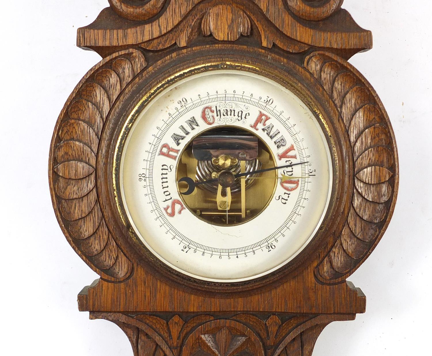 Three carved oak wall barometers and thermometers, two with silvered dials, the largest 66cm - Image 14 of 16
