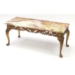 Rectangular onyx coffee table with carved gilt wood stand, 47cm H x 113cm W x 46cm D : For Further