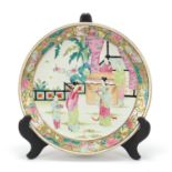Chinese porcelain plate hand painted with figures in a palace setting, character marks to the