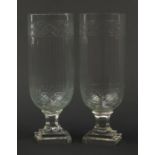 Matched pair of Georgian style cut glass vases with stepped square bases, each 34cm high : For