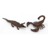 Two Japanese patinated bronze animals including a scorpion, the largest 5.2cm in length : For