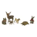 Six 19th century miniature hand painted cold bronze animals including a spider, cat, dog and rabbit,