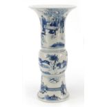 Large Chinese blue and white porcelain Gu beaker vase hand painted with figures and children, Kangxi