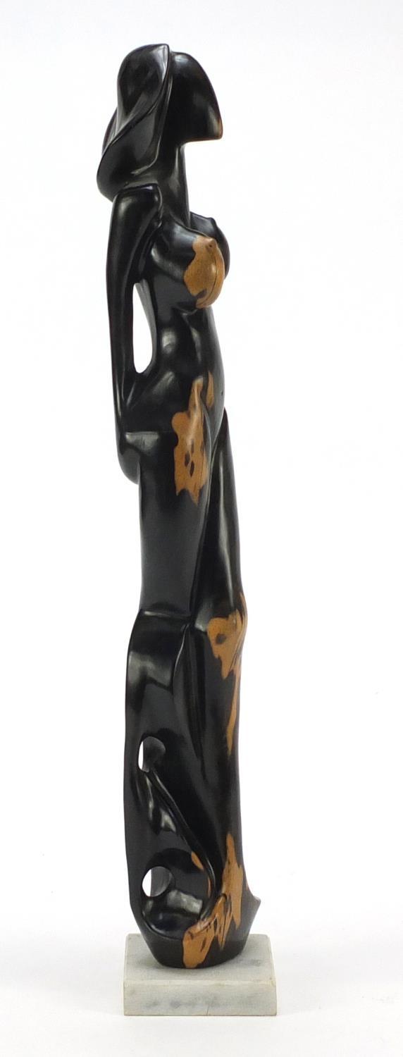 Modernist wood sculpture of a nude female raised on a faux marble base, 50cm high : For Further - Image 7 of 9