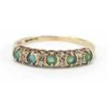 9ct gold diamond and green stone half eternity ring, size M, 1.3g : For Further Condition Reports,