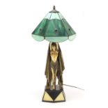 Large table lamp modelled with an Art Deco scantily dressed dancer having a Tiffany design shade,
