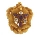 Antique unmarked gold fruit vine brooch, set with pink and clear stones, (tests as 15ct+ gold) 3.5cm
