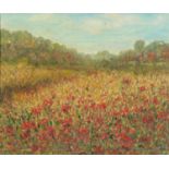Field with poppies, Impressionist oil on board, bearing an inscription Strang verso, mounted and