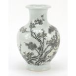 Chinese grisaille porcelain vase, hand painted with bamboo and flowers, four figure character
