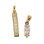 Two 9ct gold clear stone pendants, the largest 2.4cm in length, 2.1g : For Further Condition