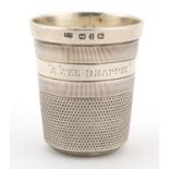 Victorian silver whisky tot in the form of a thimble by James Fenton, Birmingham 1899, engraved A