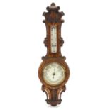 Carved oak wall aneroid barometer with thermometer, 63cm high : For Further Condition Reports,