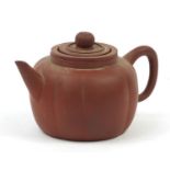 Chinese Yixing terracotta teapot with strainer of pumpkin form, impressed character marks to the