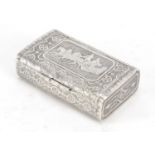 Russian silver snuff box with double hinged lid, embossed with horses pulling a troika sleigh,