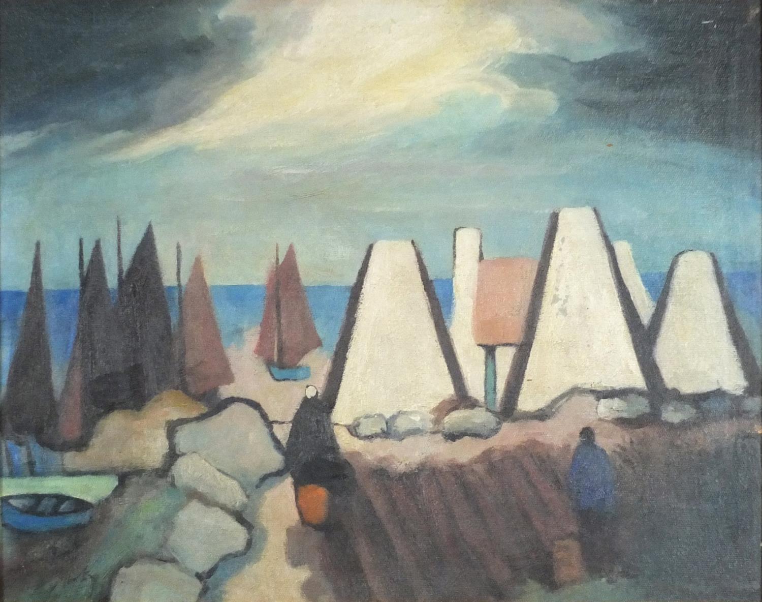 Manner of Markey Robinson - Figures before cottages and water, Irish school oil, framed and - Image 2 of 5