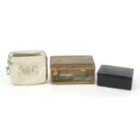 Silver vesta case and two snuff boxes including a brass mounted moss agate example, the vesta