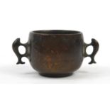 Chinese bronze censor with fish handles, impressed character marks to the base, 10cm wide : For