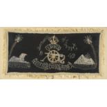 British Military embroidered panel depicting The Royal Artillery Ubique motif, framed, 66cm x 30cm :