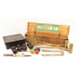 Vintage Jaques garden croquet set and set of wooden bowling bowls, each with pine cases, the largest