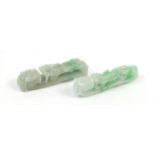 Two Chinese jadeite belt hooks carved with dragons, the largest 9cm in length : For Further