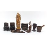 Balinese and African craved wood figures and animals including a pair of bookends, the largest