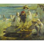 Manner of Laura Knight - Figures on a beach, modern British oil on board, framed, 59.5cm x 49.