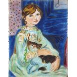 Rectangular enamel plaque of a young girl with a kitten, mounted and framed, 20cm x 9cm : For