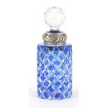 Victorian blue flashed cut glass scent bottle and stopper with silver collar by Sampson Mordan & Co,