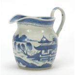 Chinese blue and white porcelain jug hand painted with a river landscape, 18.5cm high : For