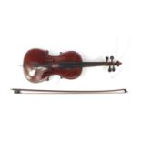 Old wooden violin with scrolled neck, bow having mother of pearl frog and wooden case, the violin