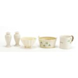 Irish porcelain by Belleek including a shell dish Dublin mug and pair of sifters : For Further