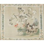 Quails amongst flowers and blossoming trees, Chinese watercolour on silk, mounted, framed and