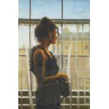 Young female standing by a window, oil on canvas, framed, 90cm x 59.5cm : For Further Condition