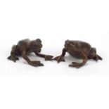 Two Japanese patinated bronze frogs, 5cm long : For Further Condition Reports, Please Visit Our