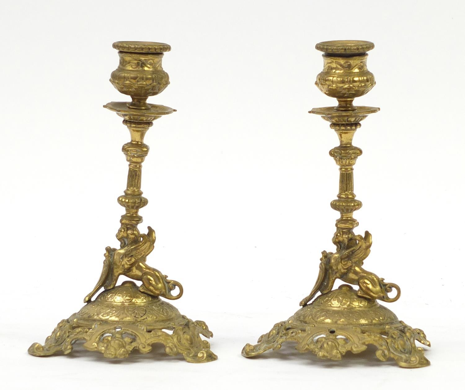 Pair of 19th century classical brass griffin design candlesticks, each 18.5cm high : For Further - Image 4 of 7