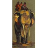 Figures on elephant back, oil on board, framed, 48cm x 23.5cm : For Further Condition Reports,