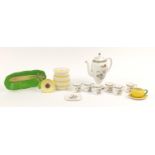 Collectable china including a Wedgwood teapot and six coffee cans, yellow striped Cornish biscuit