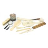 Objects including ivory glove stretcher, miniature bone two drawer chest, magnifying glasses, horn