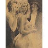 Nude female with a man and female, pencil sketch, framed and glazed, 91cm x 69cm : For Further