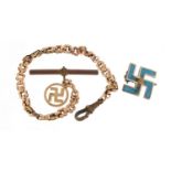 Victorian 9ct rose gold bracelet with 8ct gold swastika and a silver and enamel swastika brooch, the