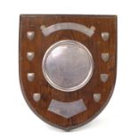 Large oak sporting shield with unengraved silver and plated plaques, Birmingham 1971 , 37.5cm high x