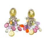 Pair of 18ct white gold multi gem drop earrings set with colourful stones, including peridot and