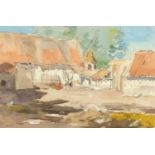 Dugald Sutherland Maccoll - Watercolour rural scene with farm buildings and church, mounted,