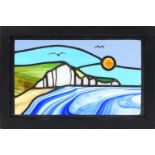 Leaded glass panel of Beachy Head housed in a stained wood frame, 48cm x 32cm : For Further