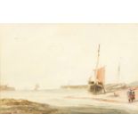 H C Hine - Harbour scene with moored boat and figures, 19th century watercolour, mounted, framed and