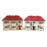 Two vintage tinplate and wooden doll's houses with furniture, one with wires for lighting, each 50cm