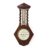 Short & Mason oak wall barometer with thermometer and barley twist columns, 51cm high : For