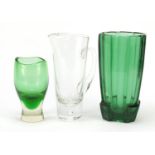 Glassware including a Kosta Boda jug by Vicke Lindstrand and an Art Deco green glass vase, the