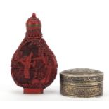 Chinese cinnabar lacquer type snuff bottle and a 925 silver pill box, the largest 7.5cm high : For