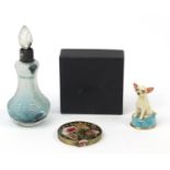 Susanna H Reud lacquered pewter compact, Basil Matthews Studio Chihuahua and frosted glass scent